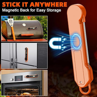 Digital Meat Thermometer Instant Read - Ultra Fast 1s Reading, Waterproof with Backlight & Motion Sensor for BBQ, Grilling, Smoker, Candy, Oil (Orange)