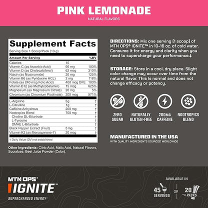 MTN OPS Ignite Trail Packs Energy Drink Powder, Gluten Free Nootropic Supplement Drink Mix, L Arginine, L Citrulline, Caffeine & Nootropic Sugar Free Drink Mix, 20 Servings, Pink Lemonade