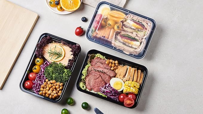 50 Pack Meal Prep Plastic Food Storage Containers With Lids 28 oz 1 Compartment Black Rectangular To Go Lunch Prepping Boxes BPA-Free Microwavable Freezer Safe Stackable (Formerly FULING)
