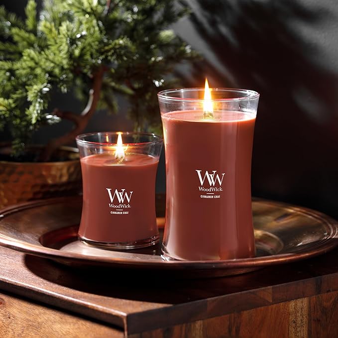 WoodWick Cinnamon Chai Holiday Candle Gifts for Women and Men, 9.7 oz Medium Hourglass Candle with Crackling Wick
