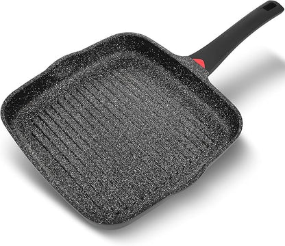 11 Inch Non Stick Grill Pan Granite Coated with Pour Spout - Lightweight 2.66 Quart Grill Pan for Indoor Cooking with Grip Handle - Induction Compatible PFOA Free Stove Top (Black)