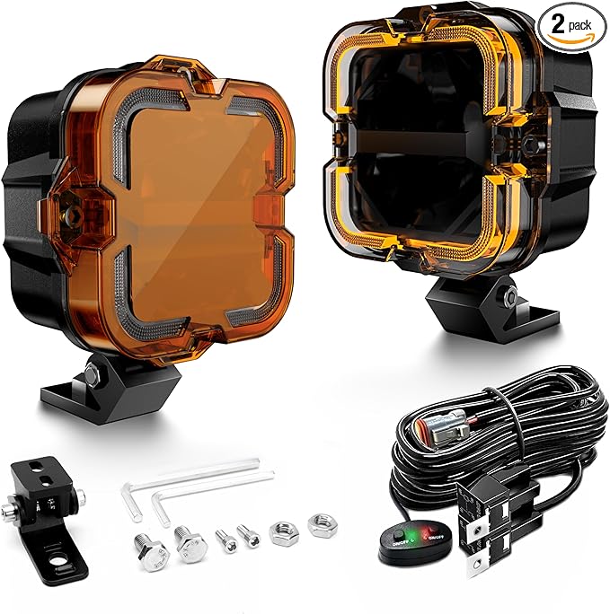 SPL 4" Off Road Lights with Amber Covers, 90W 12000LM LED Pod Lights with Amber DRL & Hi/Lo Beam, Auxiliary Driving Light Led Cube with DT Wiring Harness for Trucks Jeep Pickup SUV ATV UTV, 2PCS