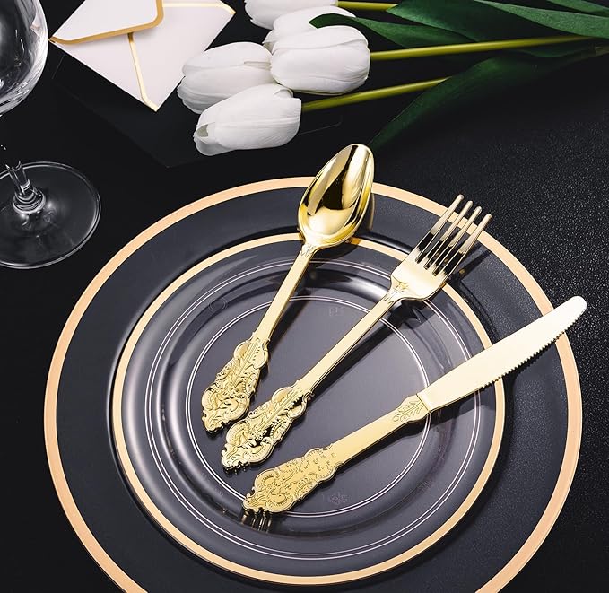 N9R 120PCS Gold Plastic Silverware, Disposable Silverware Include 40 Forks, 40 Spoons, 40 Knives, Gold Cutlery Set Disposable for Party, Wedding and Daily Use