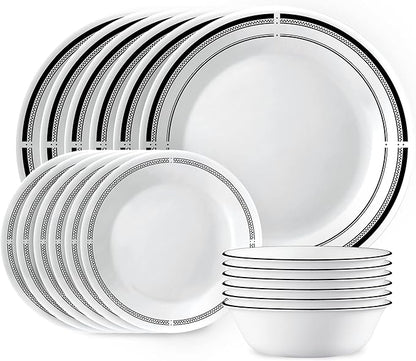 Corelle 18-Piece Round Dinnerware Set Service for 6, Lightweight Round Plates and Bowls Set, Vitrelle Triple Layer Glass, Chip and Scratch Resistant, Microwave and Dishwasher Safe, Brasserie