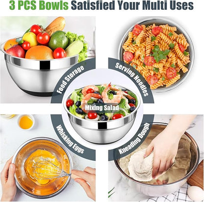 P&P CHEF Mixing Bowl with Lids Set of 3, Stainless Steel Nesting Salad Bowls for Serving Preparing, 3 Grater Attachments & Non-Slip Bottoms, Size 1.5/2.6/4.6 QT, Black