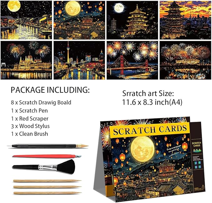 Scratch Art Painting Set for Adults – 8 Sheets A4 Rainbow Scratch Paper,Night Scene Engraving Art Kit Creative Craft Art Set for Craft Enthusiasts (Famous Landmark/City) by Iskueal