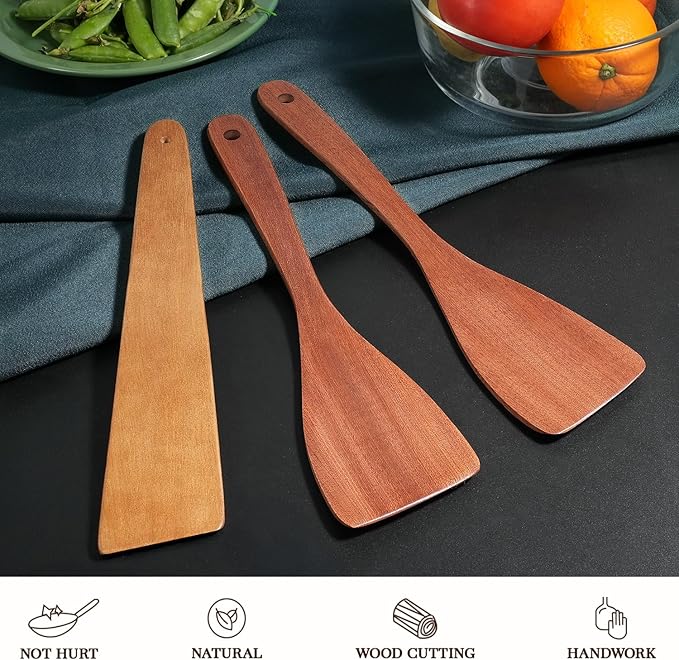 3Pcs Wooden Spatulas, 12inch Long Handle Flat Spatula Set
