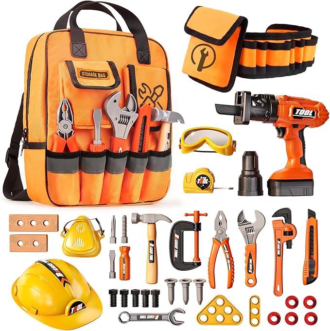 36Pcs Kids Tool Set, Toddler Tool Construction Toys with Belt & Electronic Drill for Boys Girls 3-5, Sturdy Tool Bag Suitable for Outdoor Use