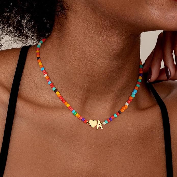 Colorful Initial Necklaces for Girls Women - Beaded Initial Necklace Teen Girl Gifts Trendy Stuff Dainty Bohemian Letter Necklace Personalized Gifts for Girls Women Jewelry