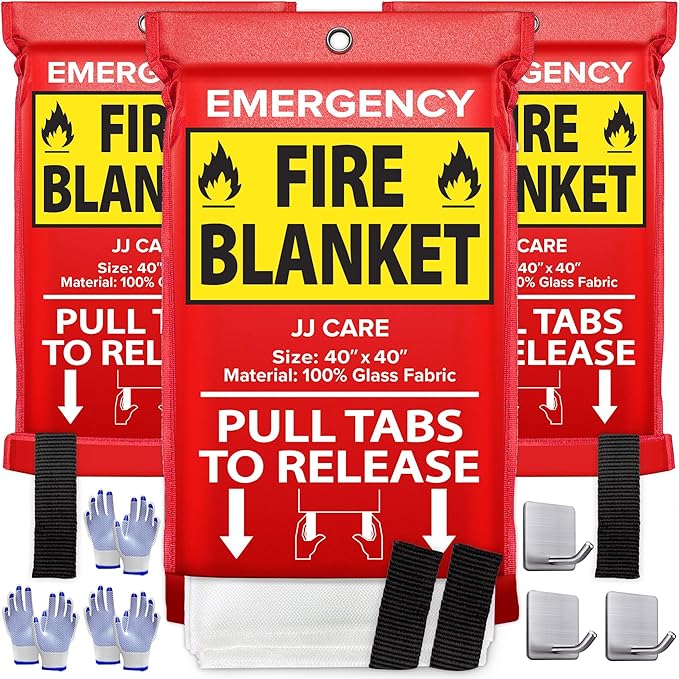 JJ CARE Fire Blanket ??3 Packs with Hooks and Gloves ??Emergency Fire Blanket for Home & Kitchen, High Heat Resistant Fire Suppression Blankets for Home Safety, Kitchen, and Camping