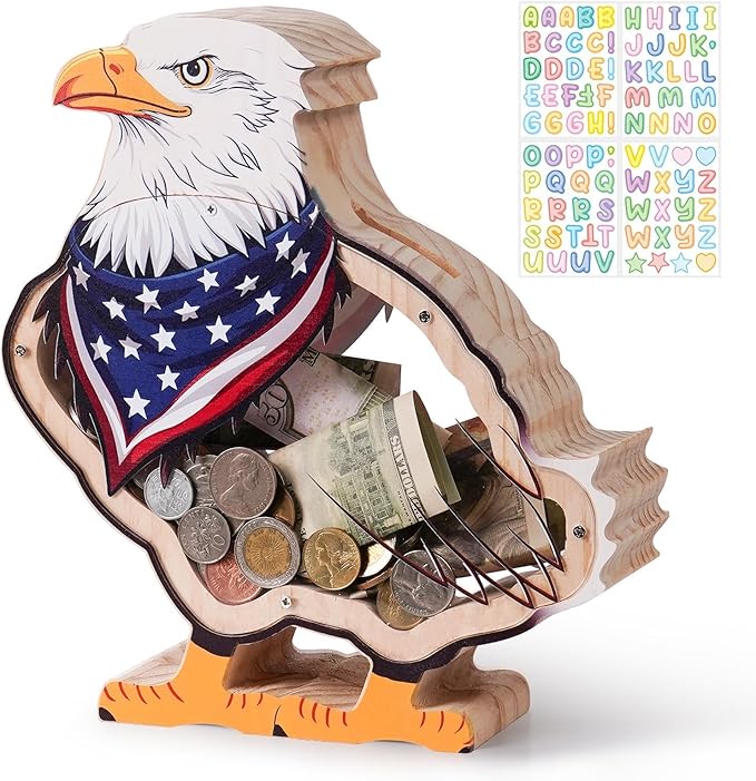 Wooden Eagle Piggy Banks for Kids Money Coin Bank, Cute Unbreakable Piggy Bank DIY Personalized Kids Safe Money Box with Stickers, Toddler Birthday Baptism Gifts for Girls Boys Eagle Lovers