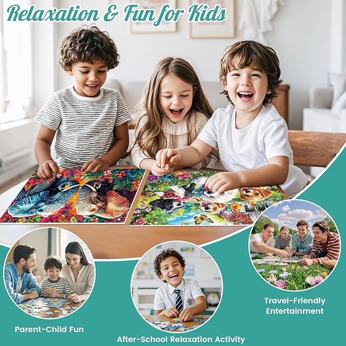 3-Pack 100 Piece Puzzles for Kids,Running Dogs Elephant Mushroom Puzzle for Kids Age 4-6 6-8 8-10,Unique Large Piece Jigsaw Puzzle,Recycled Paper,Bright & Colorful Educational Puzzle,Boys Girls Gift