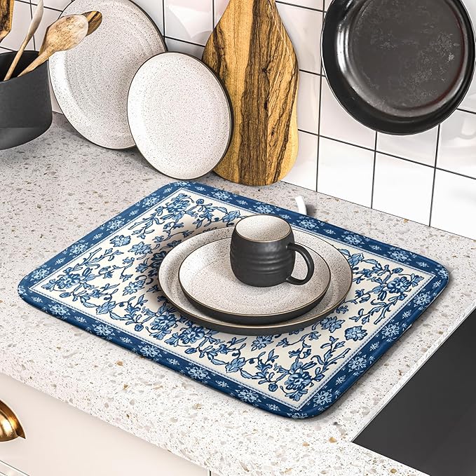 Blue Floral Dish Drying Mat for Kitchen Counter 16x18 Chinoiserie Flower Print
