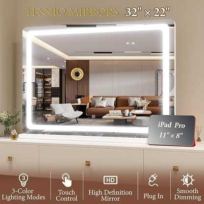 FENNIO Vanity Mirror with Lights 32"x22", Lighted Makeup Mirror, Large Vanity