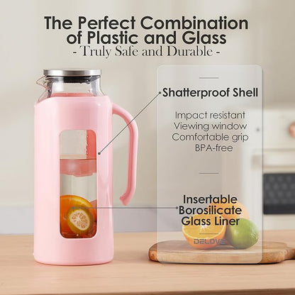 Delove Glass Pitcher with Lid & Shatterproof Shell – Heat-Resistant