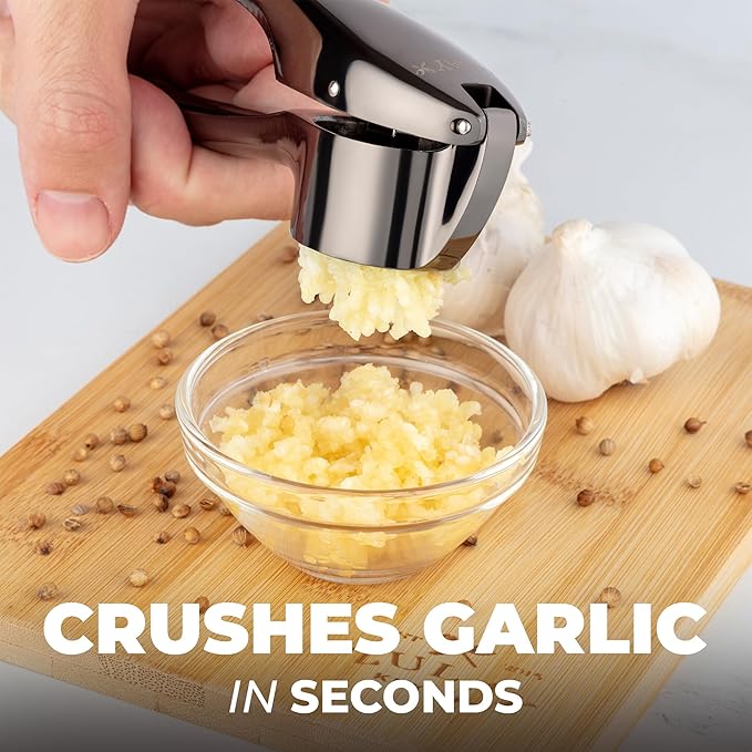 Zulay Kitchen Large Premium Garlic Press Set – Rust Proof & Dishwasher Safe, Bigger Bowl Garlic Mincer Tool with Silicone Garlic Peeler & Brush, Easy Squeeze & Clean, Ergonomic Handle - Dark Gray