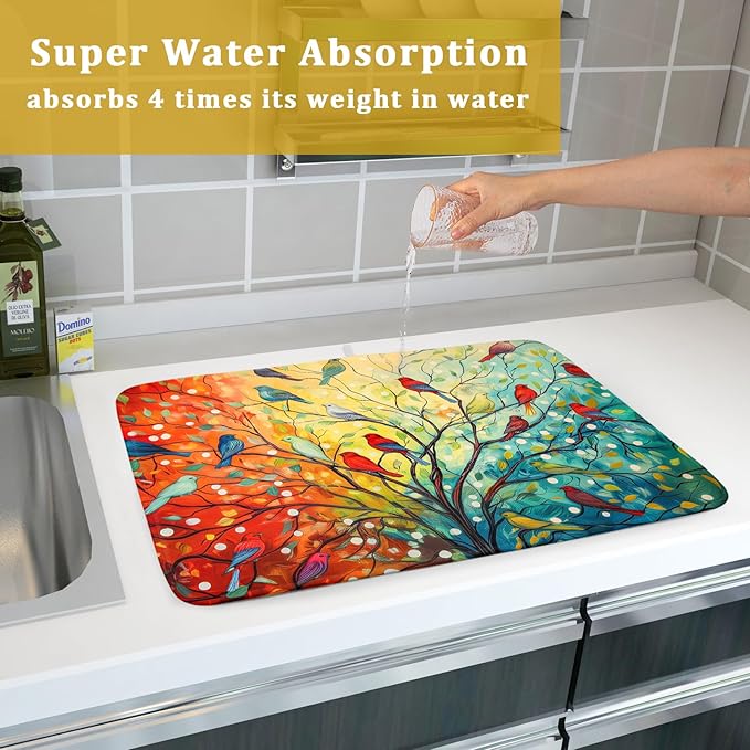 Spring Summer Floral Birds Dish Drying Mat