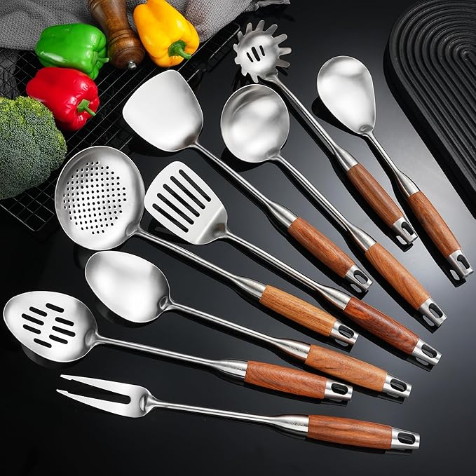 18/10 Stainless Steel Kitchen Utensils Set with Wooden Handle for Cooking 9 PCS with Solid and Slotted Spoon, Fork, Spatula, Ladle, Skimmer, Slotted Tunner, Spaghetti and Large Spoon