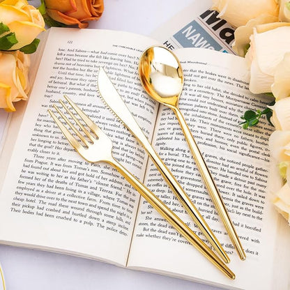 SUT 300 Pcs Gold Plastic Cutlery, Gold Utensils Disposable, Gold Plastic Silverware Set Include 100 Gold Plastic Forks, 100 Gold Plastic Spoons, 100 Gold Plastic Knives Heavy Duty Flatware for Party