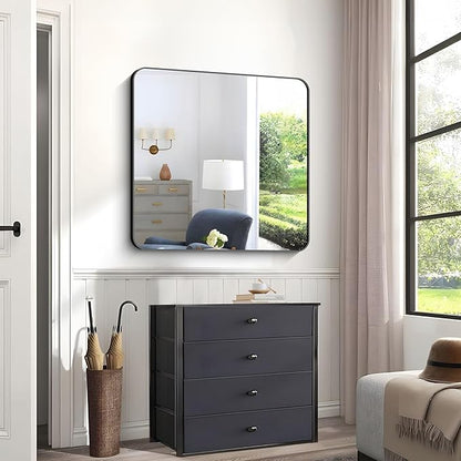 Black Bathroom Mirrors for Wall, Rounded Corner Metal Frame Wall Mirror