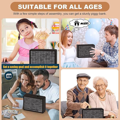 Piggy Bank for Adults Kids, Wooden Coin Bank for Boys and Girls, Cash Vault Money Saving Box with Counter $10000 $5000 Savings Challenge Money Box with Money Target and Numbers (Black Box+ 8 Sheets)