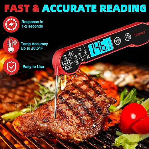 Digital Meat Thermometer for Cooking – Waterproof Instant Read Food Thermometer with Backlight & Calibration, Fast Read, Folding Probe for BBQ, Grill, Candy, Deep Fry, Kitchen, Liquids, Beef（Red）