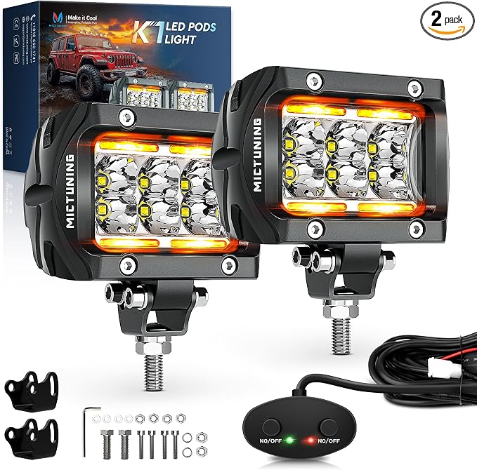 MICTUNING K1 LED Light Pods with Amber DRL 4 Inch, 36W Spot Off Road Lights Super Bright Driving Fog Light 1800LM IP68 Waterproof with Wire Harness for Trucks Motorcycle ATV UTV SUV Car Boat, Pair