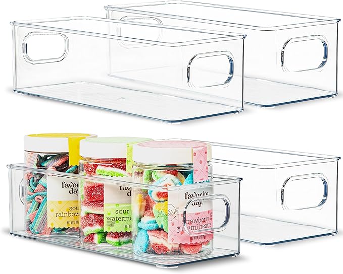 Plastic Food Storage 4 Pack Clear Container Bin with Handles for Organizing Kitchen, Pantry, Fridge, Freezer, Pantry,Bathroom. Stackable. 10"x4"3"