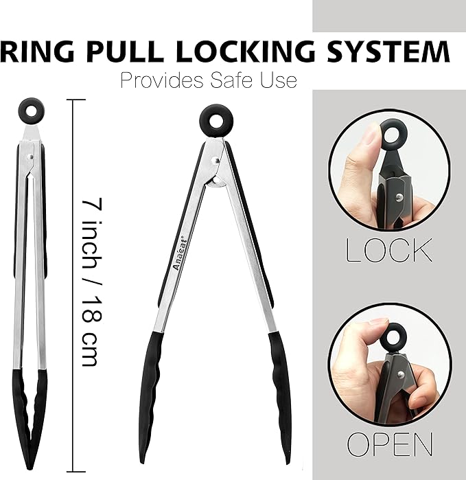 Anaeat 3 Pack 7" Mini Non-Stick Silicone Locking Tongs