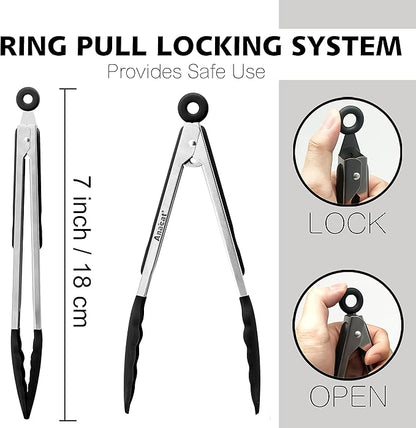 Anaeat 3 Pack 7" Mini Non-Stick Silicone Locking Tongs
