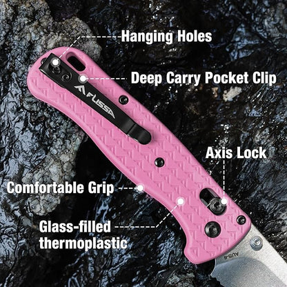 FLISSA 4.5" Folding Pocket Knife, Lightweight EDC Pocket Knife with Axis Lock, 3.2" AUS-8 Steel Blade, Sharp Camping Hiking Knife with Pocket Clip, Unique Tool Gift for Men, Dad (Pink)