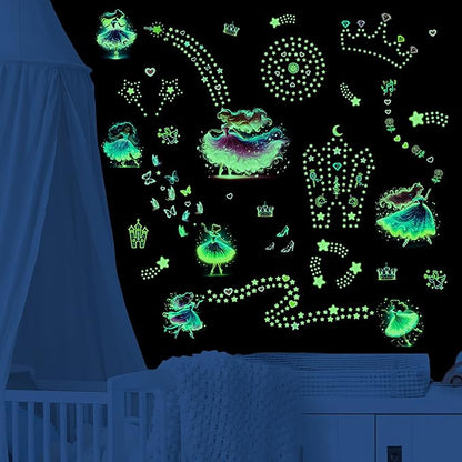 Glow in The Dark Princess and Star Wall Decals, Neon Butterflies Stickers for Girls Room, Luminous Stars Ceiling Decor for Bedroom Playroom Nursery
