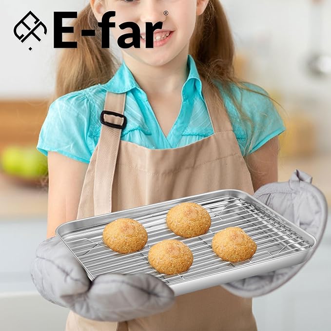 E-far Small Baking Sheet with Wire Rack, Stainless Steel Cookie Sheets Trays &