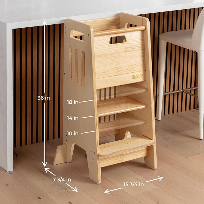 OCODILE Toddler Tower with a Sliding Door and 3 Adjustable Heights - Complete Toddler Kitchen Stool Helper with Support Feet - Safe Design for 18+ Months to 6-Year-Old Kids - Varnished