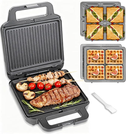 3 in 1 Panini Grill Press with 3 Removable Plates, Breakfast Sandwich Maker