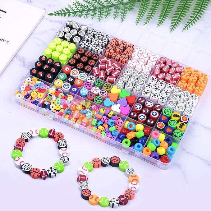 1000PCS Polymer Clay Beads Bracelet Making kit, 24 Style Cute Fun Beads Sports Ball Beads Volleyball Softball Baseball Basketball Soccer Rugby Football Charms for Jewelry Making DIY for Women Girls