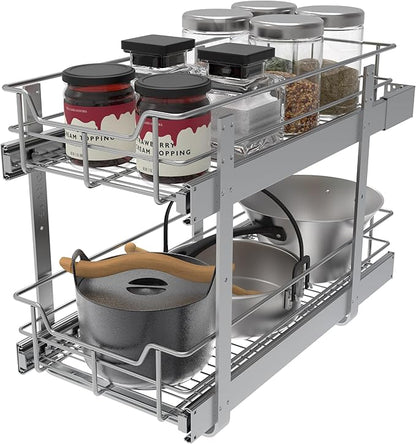 2 Tier Pull Out Cabinet Organizer 11" W X 22" D, Slide Out Drawers For Kitchen Cabinets, Pull Out Drawers For Cabinets Capacity Heavy Duty Caddy, Cabinet Pullout Shelves Chrome-Plated, Bathroom Pantry