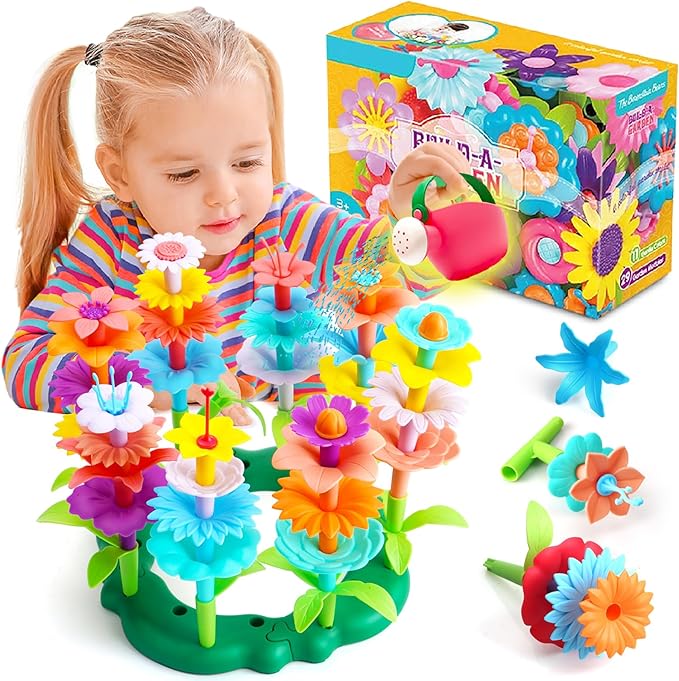 FUNZBO Flower Garden Building Toys Set - Birthday Gifts for Age 2 3 4 5 6 Years Old Girl, STEM Montessori Educational Toy for Toddler Kid, Sorting & Stacking Spring Gardening Set for Birathday Gift