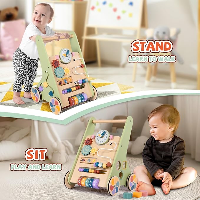 Wooden Baby Walker for 6-12 Months, Montessori Walker Push Toy for Toddlers Learning to Walk, Push Walker Baby Activity Center for Boys and Girls