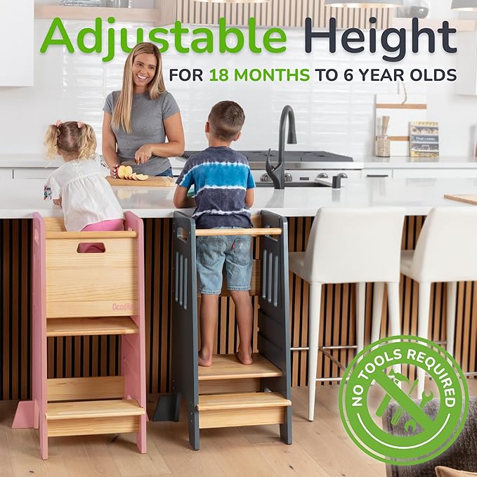 OCODILE Toddler Tower with a Sliding Door and 3 Adjustable Heights - Complete Toddler Kitchen Stool Helper with Support Feet - Safe Design for 18+ Months to 6-Year-Old Kids - Pink