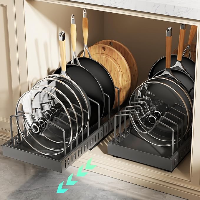 Pull Out Pots and Pans Organizer Under Cabinet, Expandable Sliding Lid Holder