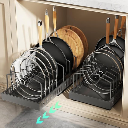Pull Out Pots and Pans Organizer Under Cabinet, Expandable Sliding Lid Holder