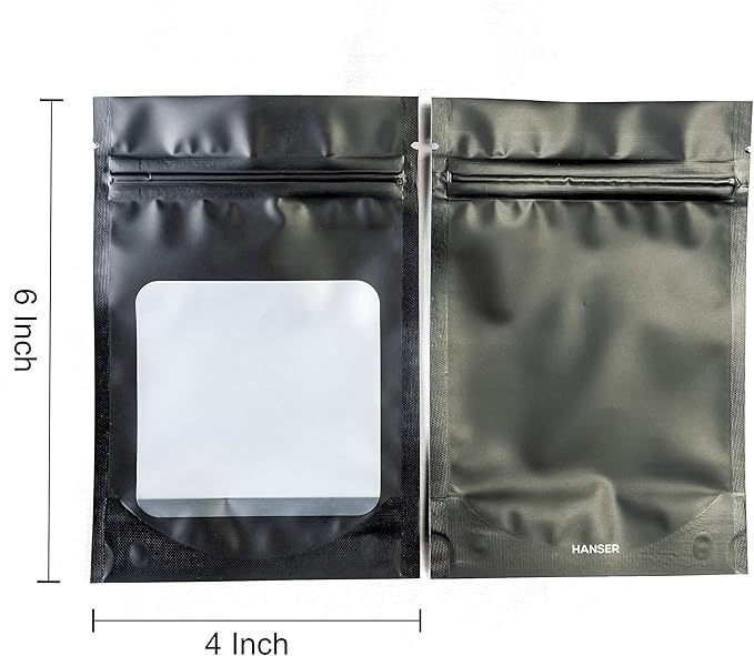 HANSER | Smell Proof Odorless Mylar Resealable Foil Pouch Bags with clear Window | Stand up bottom | Airtight | matte black | 100 Pieces | 4x6 inches