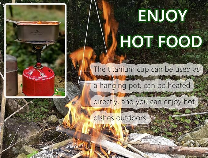 iBasingo Titanium Canteen Mess Kit with Folding Handle Hanging Ring Ultralight Portable for Lunch Outdoor Camping Hiking