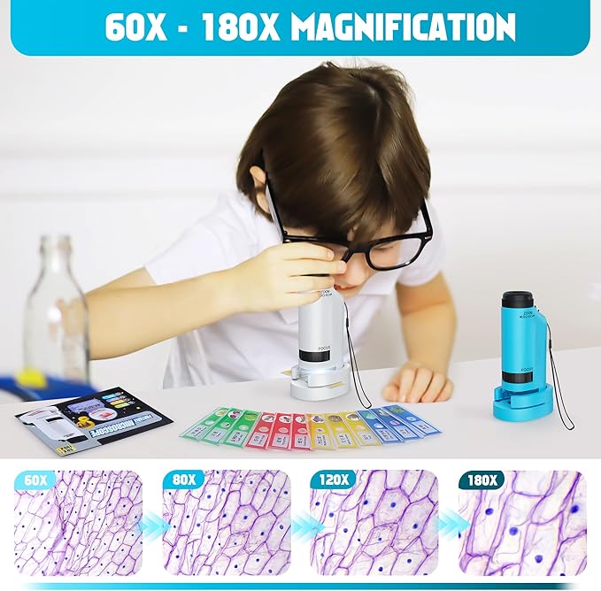 Portable Microscope for Kids Zoom 60x-180x,Handheld Mini Microscope STEM & Science Toys,LED Pocket Little Scientist Microscopes with 12pcs Slides,Gifts for 6,7,8,9,10+ Girls Boys（Blue&White）