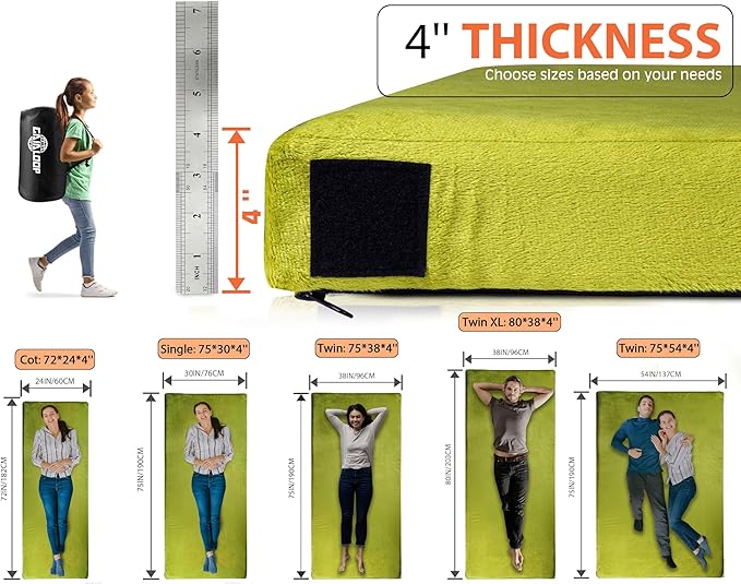 4 Inch GAIALOOP Extra Thick Memory Foam Camping Mattress, Roll Up Floor Sleeping Mat Camp Cot Mattress Pad Travel Camping Couch Bed for Guest Adults Side Sleepers