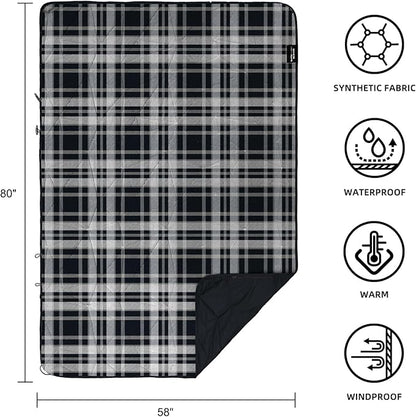 Outdoor Waterproof Blanket, Foldable Fleece Stadium Blanket for Outdoor Sports Event, Camping, Concerts, Car, Pet, Picnics - Windproof, Wearable, Machine Washable 80" x 58" (Black Check)