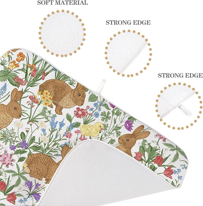 Spring Dish Drying Mat 18x24 Inch Easter Rabbit Bunny Floral Drying Mat Sage