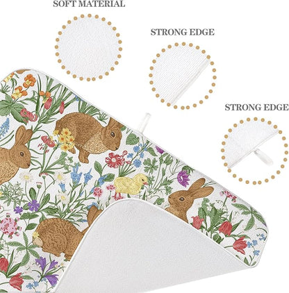 Spring Dish Drying Mat 18x24 Inch Easter Rabbit Bunny Floral Drying Mat Sage