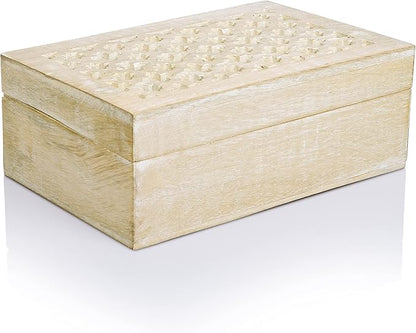 Mela Artisans Wooden Keepsake Box | Whitewash Mango Wood Memory & Photo Storage Box with Hinged Lid | Decorative Storage Box | Large | 9x6x3.5 Inch
